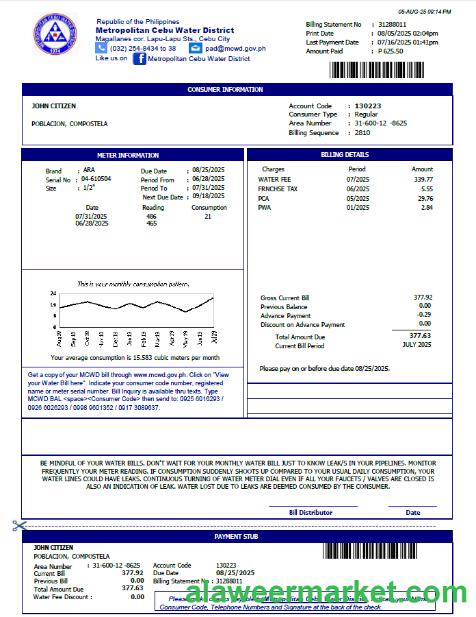 Philippines Metropolitan Cebu Water District utility bill template in Word and PDF formats
